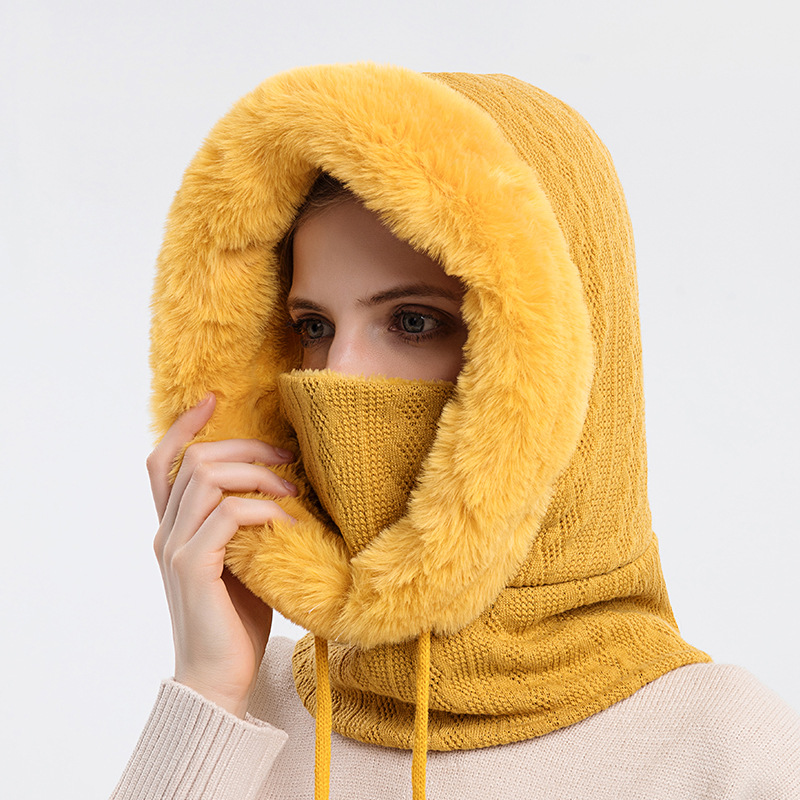 Winter Fur Cap Mask Set Hooded For Women Knitted Thick Plush Fluffy Beanies Cashmere Neck Warm Outdoor Ski_voghion.com