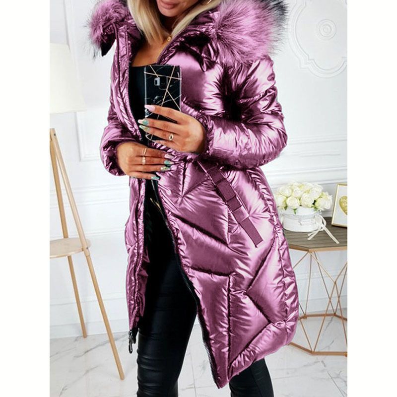 Elegante cappotto in PU con maniche lunghe e finiture in pelliccia sintetica per donna - Giacca invernale slim fit con finitura lucida, calda ed elegante (nero, blu, verde scuro)_voghion.com