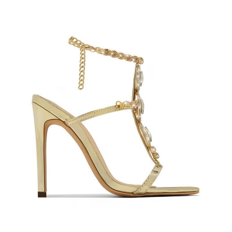 Sandalias de tacón alto con punta abierta y gemas de diamantes de imitación dorados para mujer, novedad de verano, para industria pesada_voghion.com