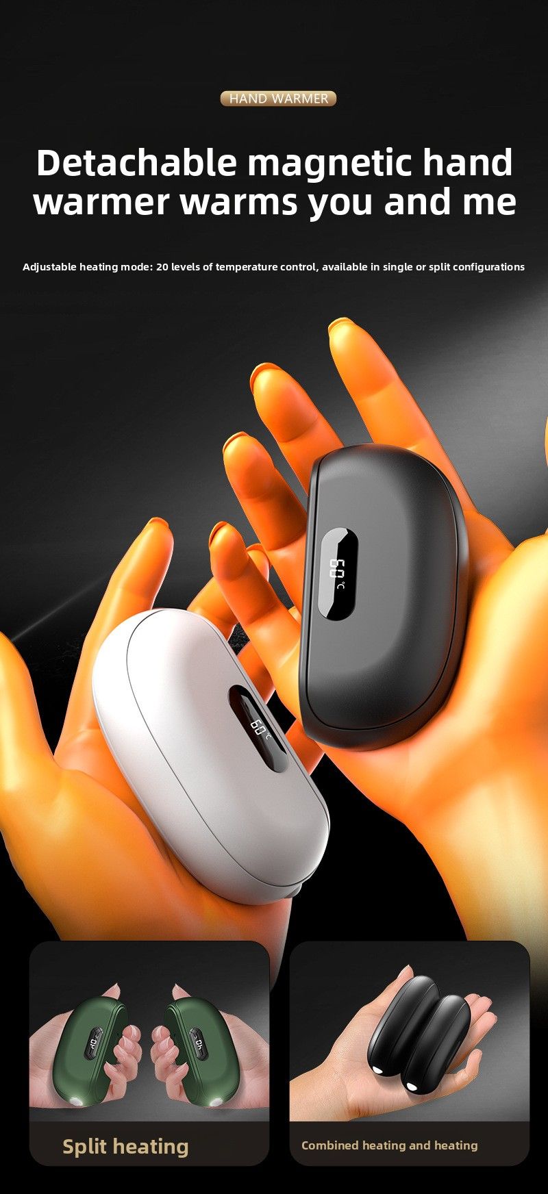 Magnetic Digital Display Rechargeable Hand Warmer With Flashlight & Power Bank - Explosion-Proof Portable Heating Pad_voghion.com