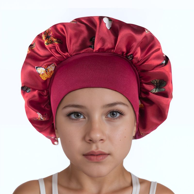 Cuffia da notte per bambini in seta con tesa larga e stampa a farfalla - Fascia elastica, morbida e traspirante per tutte le stagioni, protezione solare e cura dei capelli_voghion.com