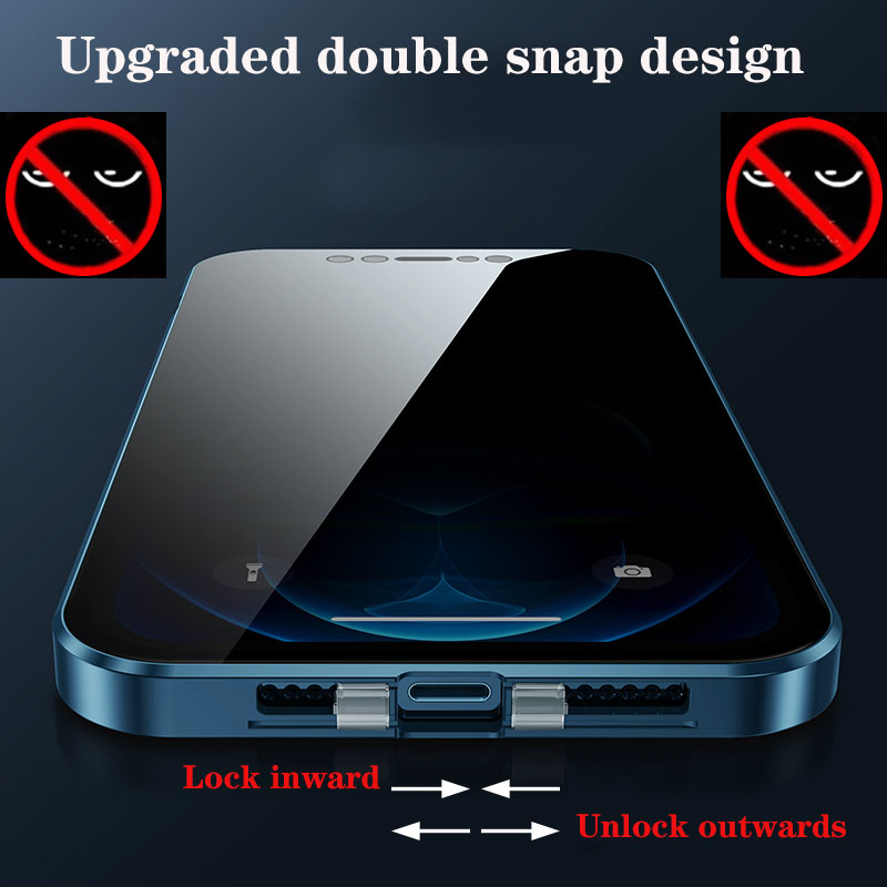 Funda de vidrio con cara metálica de privacidad para iPhone 13Mini 15 14 13 12 Pro Max Protección de lente doble broche_voghion.com