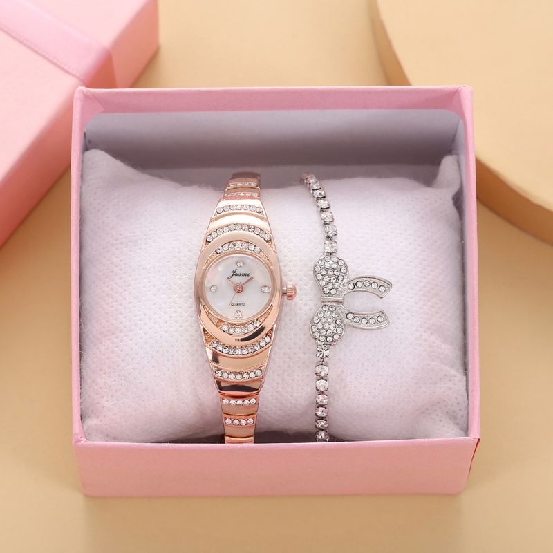 Diamond studded small dial thin strap personalized trendy steel strap quartz watch + bracelet (2pcs/set)_voghion.com