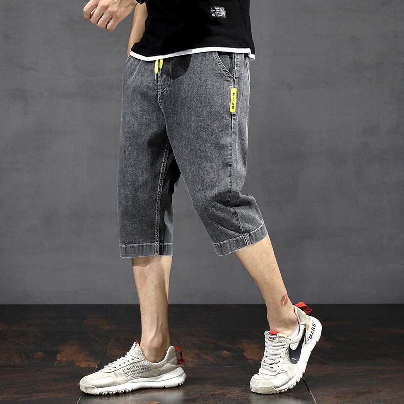 Summer Thin Five-Point Denim Shorts Men's Seven-Point Korean Style Trendy Loose Straight Drawstring Elastic Waist_voghion.com