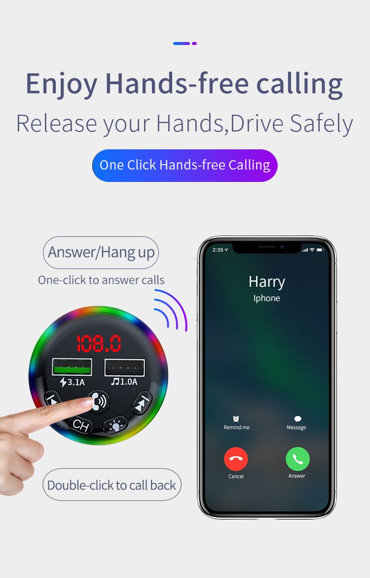 Nabíječka do auta Nabíječka mobilních telefonů Bluetooth Hands-free volání USB port s funkcí nabíjení 3,1A Barevné okolní světlo FM vysílač_voghion.com
