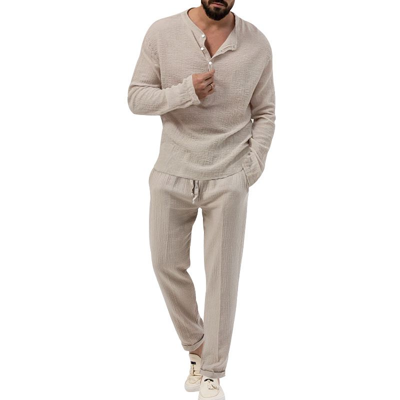 Men's solid color casual T-shirt long sleeve shirt pants suit_voghion.com