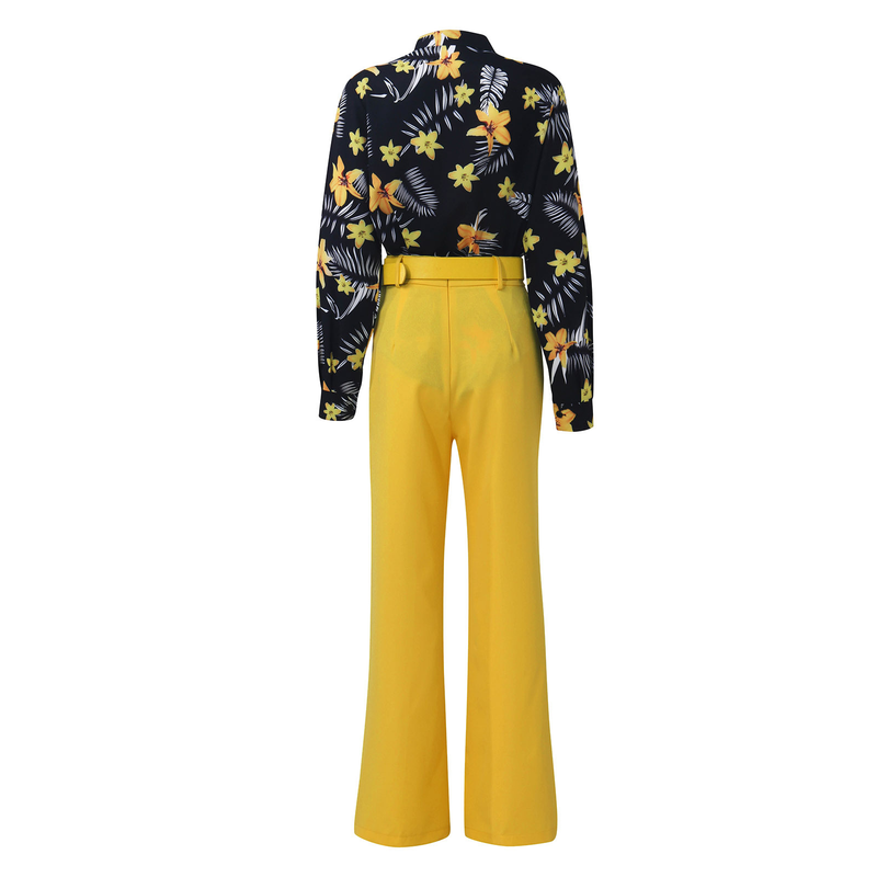 Ropa de mujer traje casual estampado cuello alto camisa de manga larga top pantalones de pierna ancha conjunto de dos piezas_voghion.com