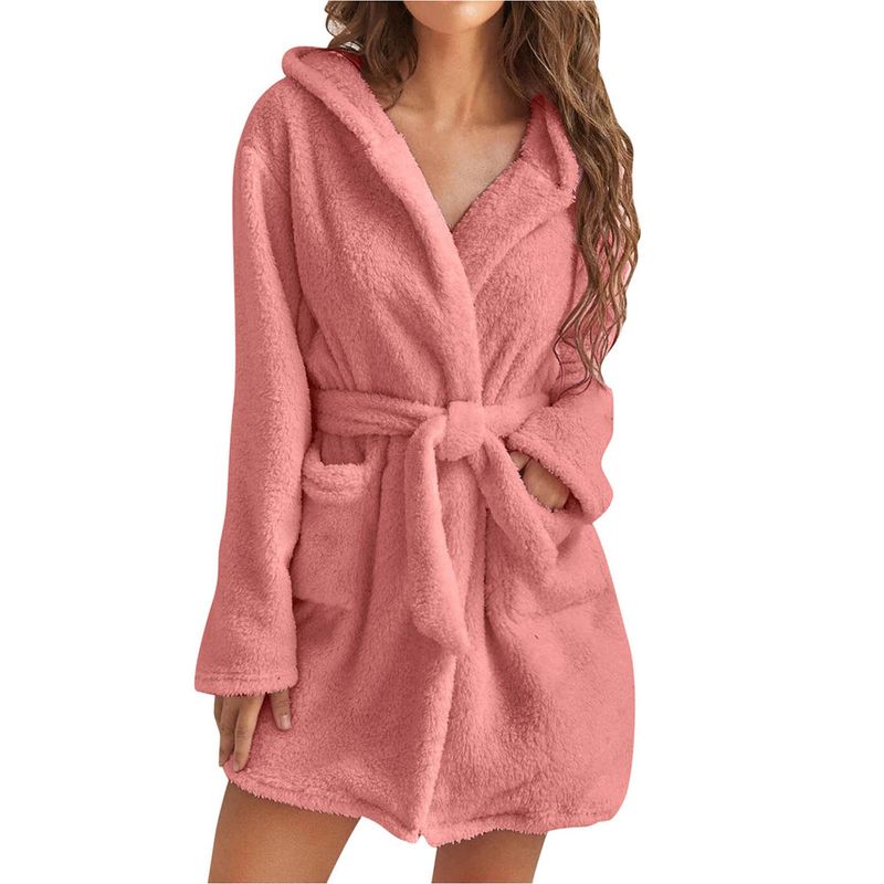 Women's plush pajamas solid color hooded warm home bathrobe_voghion.com