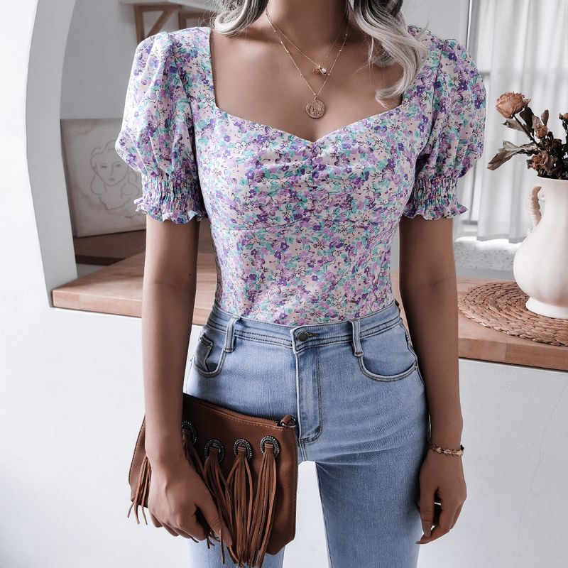 Summer New Casual Lantern Sleeve Square Neck Sexy Fragmented Chiffon Top Women's Wear_voghion.com