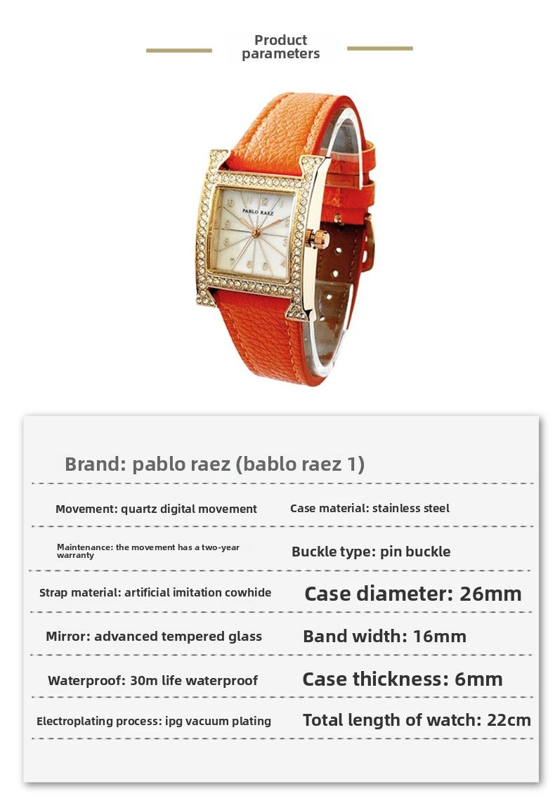 PABLO RAEZ Classic Ins Wind Orange Damen Kleng Quadrat Auer Einfach Liicht Luxus Strass Lieder Waasserdicht Quartz Auer_voghion.com