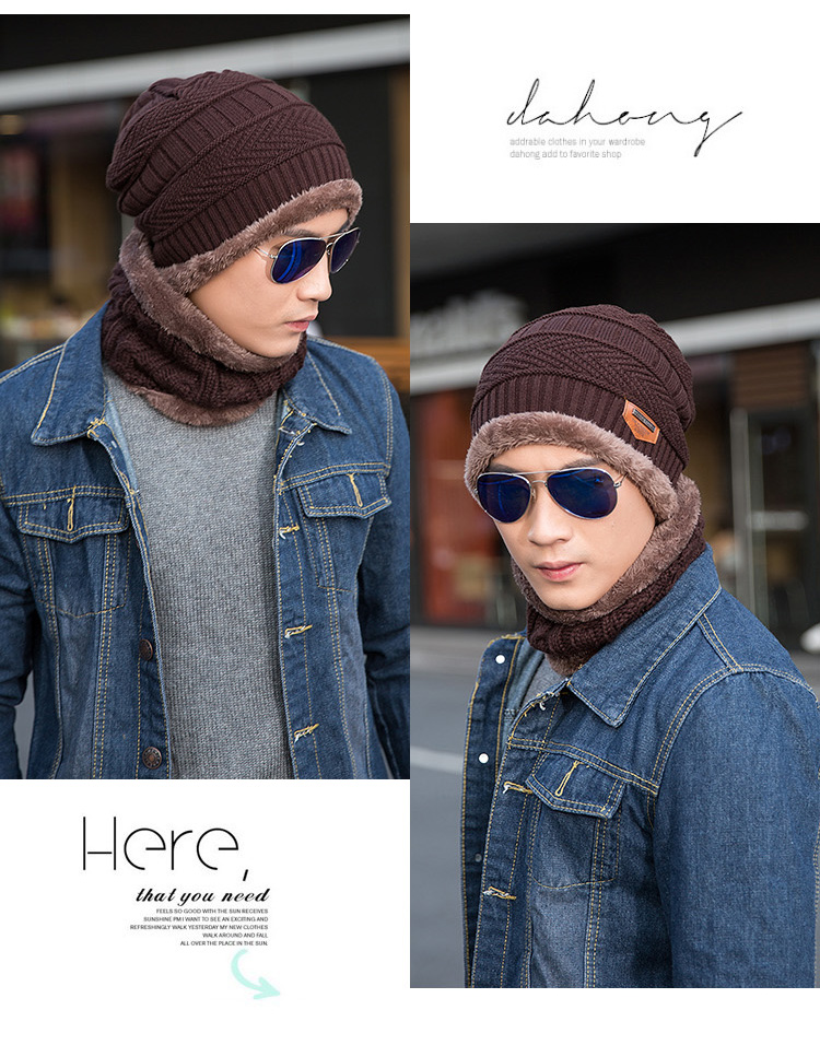 Cappello invernale da uomo alla moda per l'autunno e l'inverno, cappello lavorato a maglia da uomo, più cappello pullover e sciarpa in velluto di lana ispessita_voghion.com