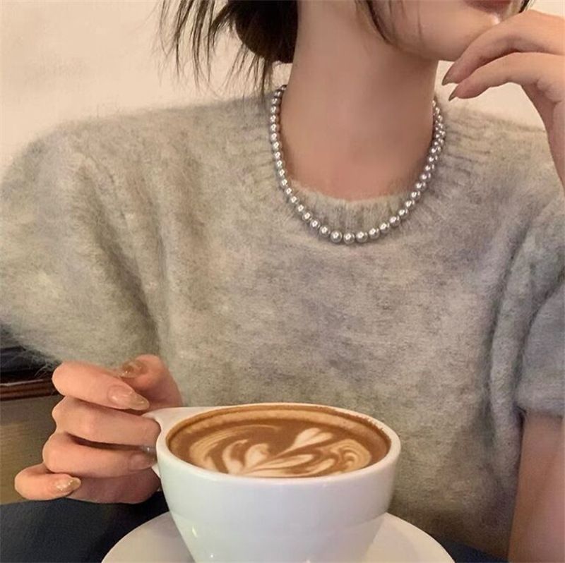 Round Silver Grey Pearl Ne, Shi Jia Quality Women's Collar Chain, Versatile Light Luxury Maillard Sweater Chain_voghion.com