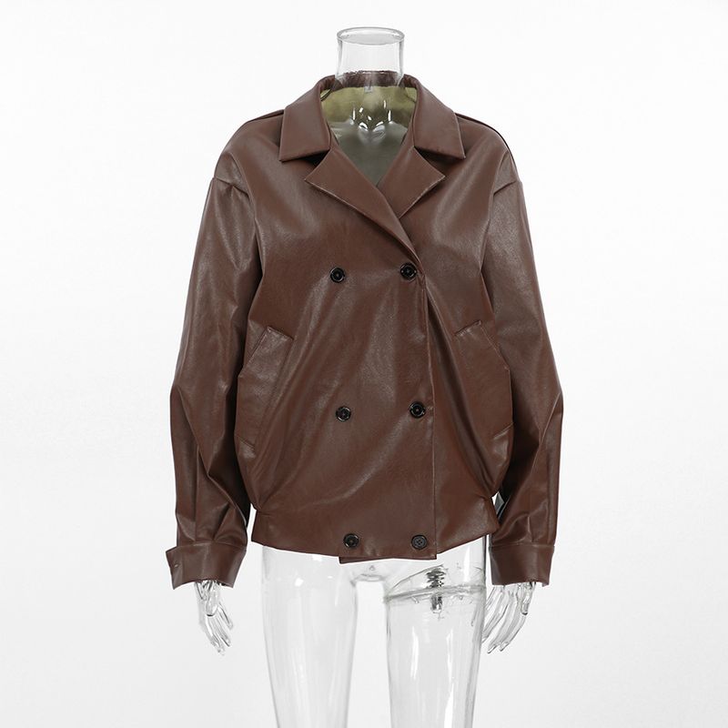 Giacca in pelle marrone vintage da donna - Cappotto in PU con risvolto oversize, capospalla invernale retrò chic_voghion.com