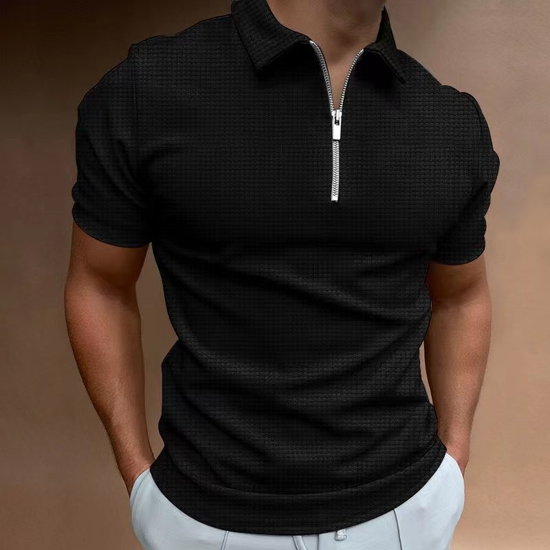 2024 sleeved solid color waffle casual lapel men's short_voghion.com