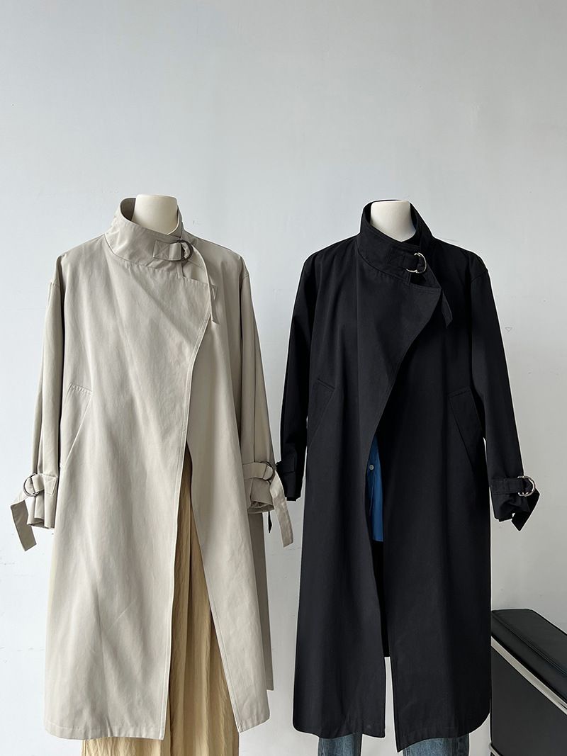 Elegant British-Style Long Trench Coat For Women – Minimalist & Luxurious Knee-Length Overcoat With Adjustable Belt, Pure Cotton, Black & Light Beige_voghion.com