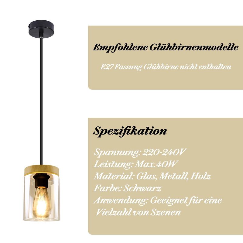 Glitzerlife Pendelleuchte Schwarz 1 Flammig Glas - Hängelampe Vintage Metall Mit Holz Lampenschirm Pendellampe E27 Fassung Hängend Für Esszimmer Küche Wohnzimmer_voghion.com