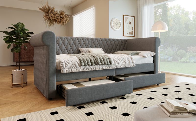 Canapé-lit vintage capitonné 90 x 200 cm, méridienne avec 2 tiroirs de rangement, sommier à lattes en bois, cadre de lit enfant et adolescent, tissu lin, gris (matelas non inclus)_voghion.com