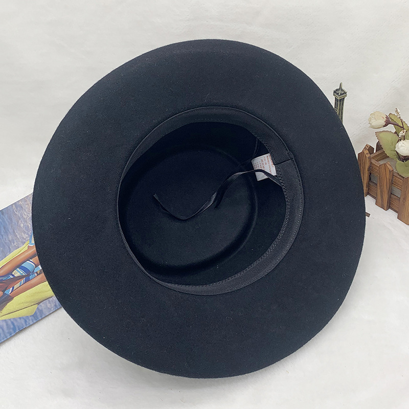 chapeau haut de forme à large nœud en feutre de laine simple vintage Chapeau de jazz noir_voghion.com