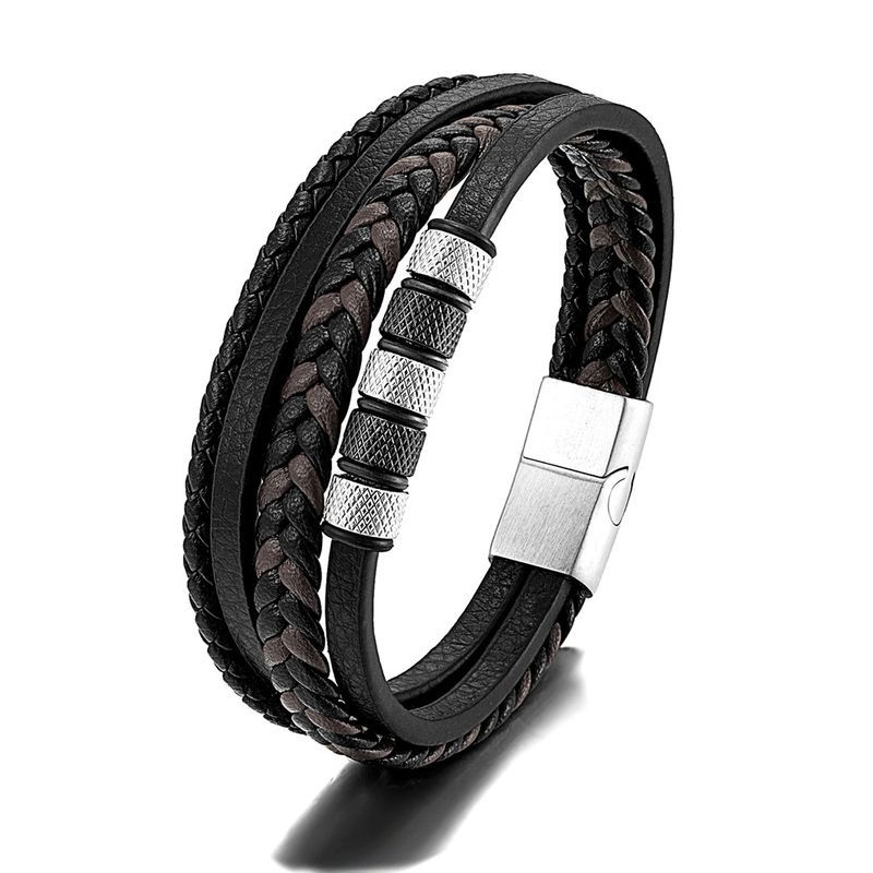 simple stainless steel leather rope bracelet popular multi layer black leather braided men's bracelet_voghion.com
