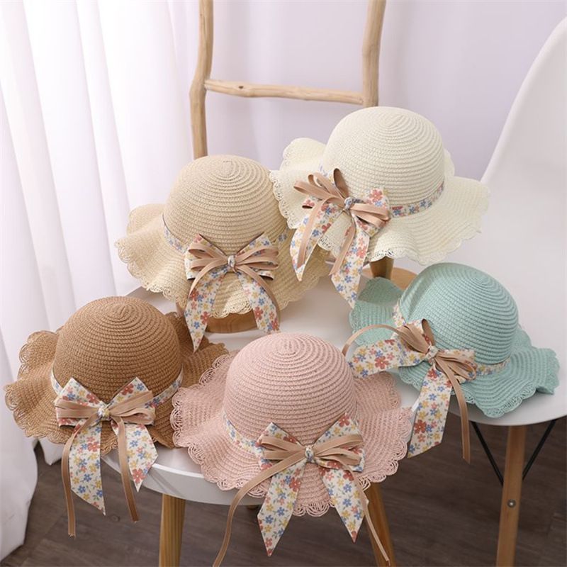 Cappelli di paglia da pescatore pieghevoli da spiaggia per bambini, protezione solare estiva da donna e set di borse_voghion.com