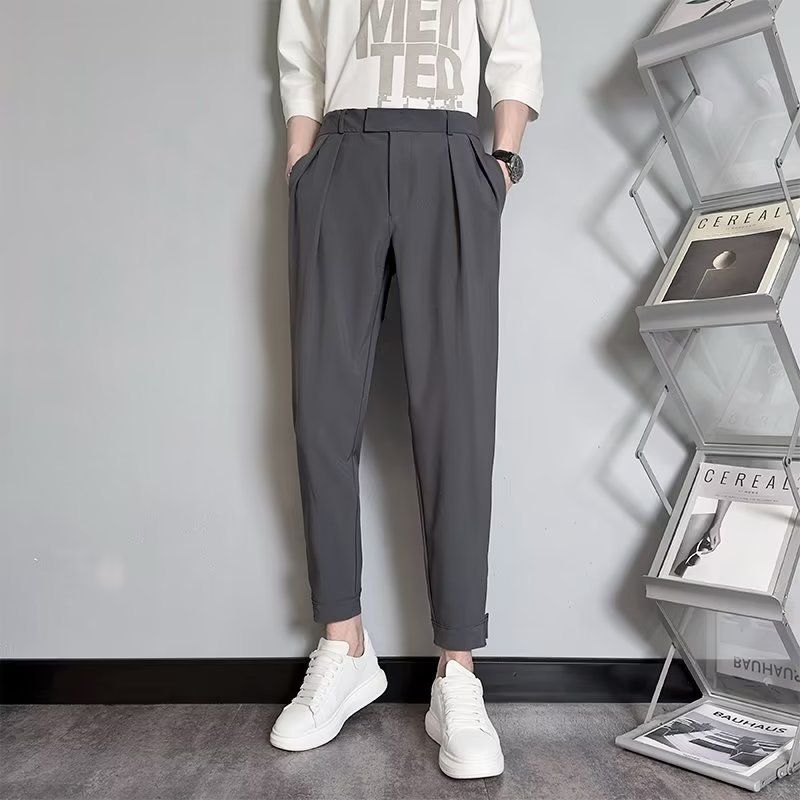 Pendentif sentiment petit pantalon de costume jambe droite pour hommes version coréenne minimaliste coupe slim pantalon de costume haut de gamme avec taille semi-élastique effilée longue_voghion.com