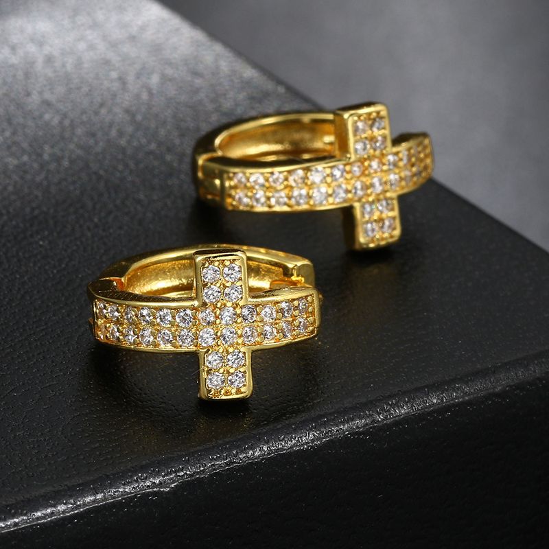 Orecchini Hip Hop da Uomo con Fibbia a Croce e Diamante Pieno e Micro Set Zircone_voghion.com