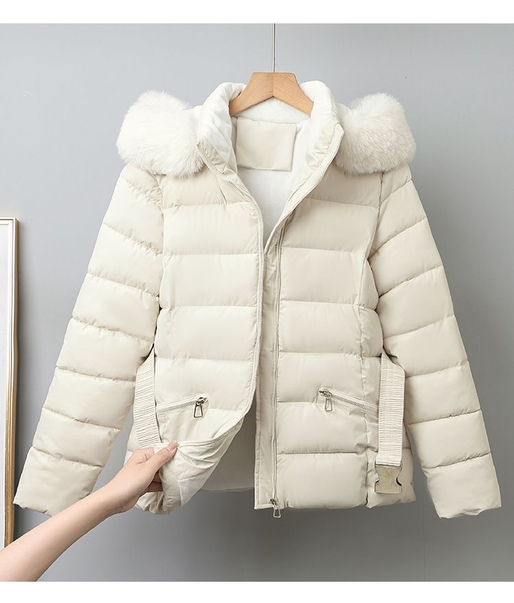 Fleecegevoerde ski-jas voor dames met riem - warme winterjas, capuchonjas met rits, dikke, geïsoleerde bovenkleding voor wintersporten_voghion.com
