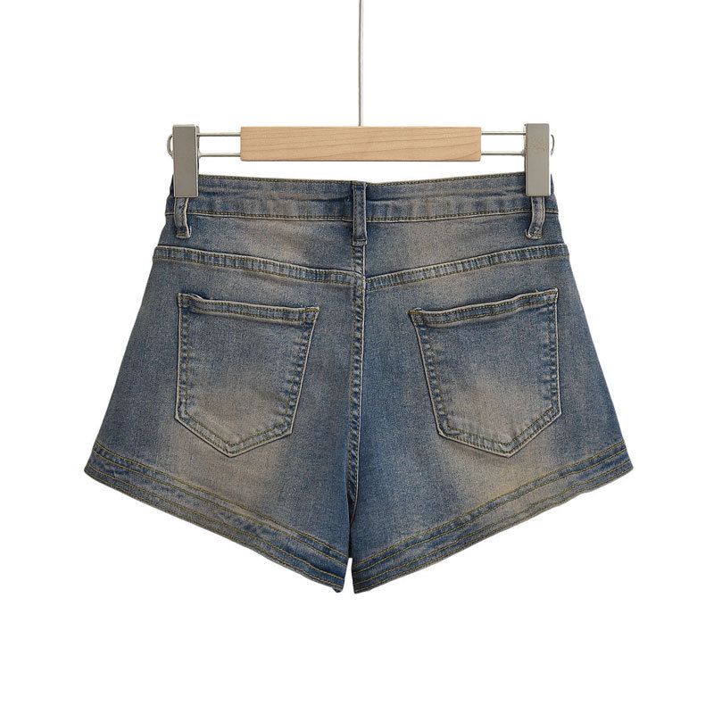 Shorts in denim americano da donna con ragazze piccanti, base stile Instagram, vita alta elastica a trapezio, glutei avvolti,_voghion.com