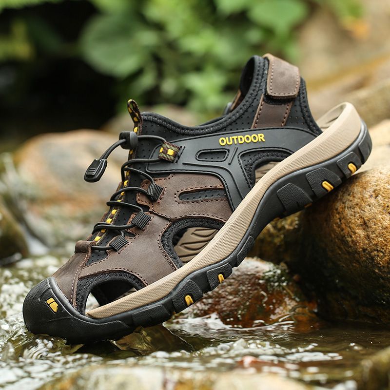 Sandales d'été décontractées à bout fermé pour hommes, chaussures de plage, de randonnée tout-terrain, en cuir véritable, grande taille_voghion.com