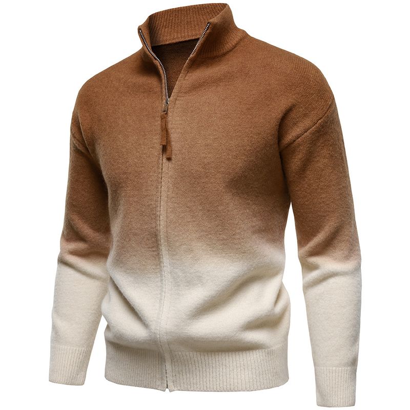 Men's Clothing Stand Collar Zipper Men's British Style Gradient Color Zip-Up Knit Sweater With Stand Collar, Casual Pullover For Autumn & Winter_voghion.com