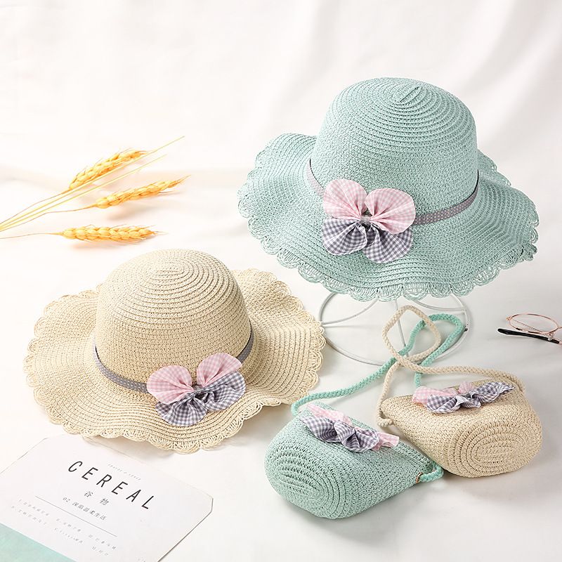Moda Ragazze Paglia Turismo Fiore Bambini Cappello da Sole e Borsa Set Bambino Esterno Tesa Larga Cappelli da Pescatore_voghion.com