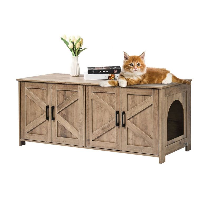 Cat Litter Box Enclosure Wooden Litter Box Furniture Hidden 2 Rooms Greige_voghion.com