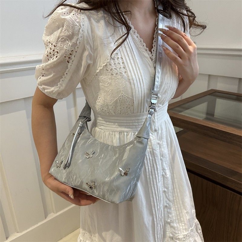 Borsa a tracolla a farfalla metallizzata alla moda in stile Ins, morbida in PU, modello Crescent 2024, da donna, estate_voghion.com