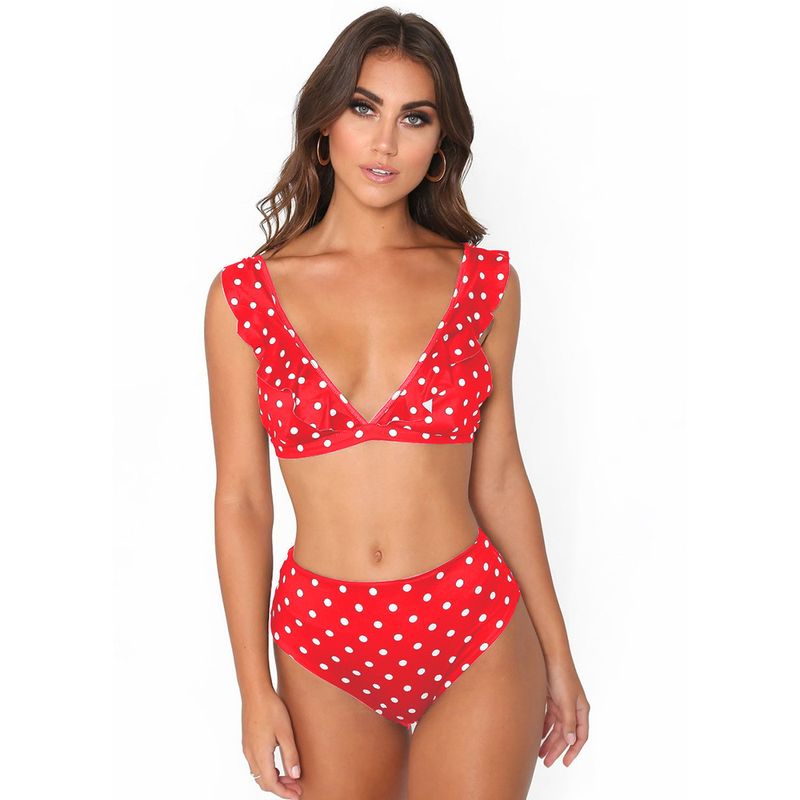 2024 Ruffle Edge Deep V Bikini Black And White Wave Dot Printed Sexy Swimsuit_voghion.com