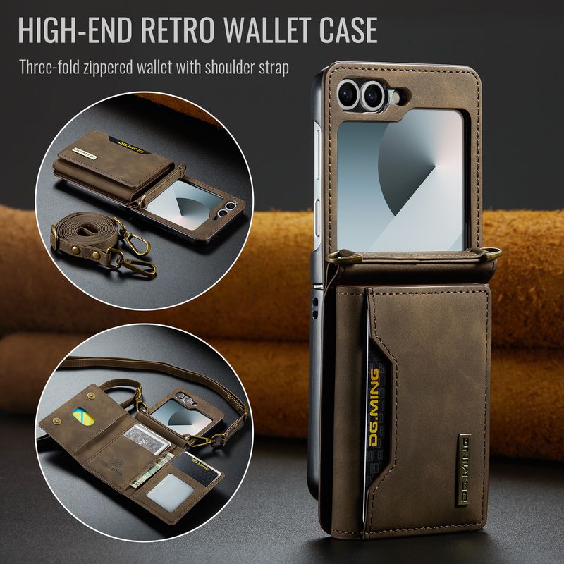 Custodia pieghevole M2 per Samsung Z Flip6 Custodia per telefono con portafoglio per carte Custodia protettiva in pelle con tracolla Z Flip6_voghion.com
