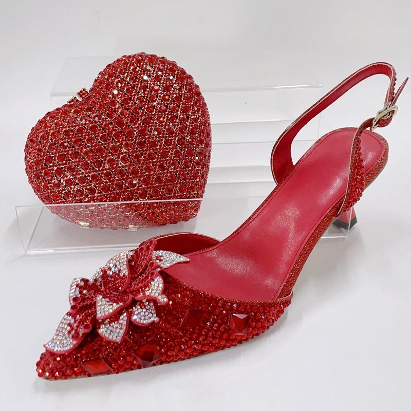 Women's High Heeled Sandals With Stilettos And Pointed Toes, Crystal Glass Flower High Heeled Sandals, Red Bridal Party Bag_voghion.com