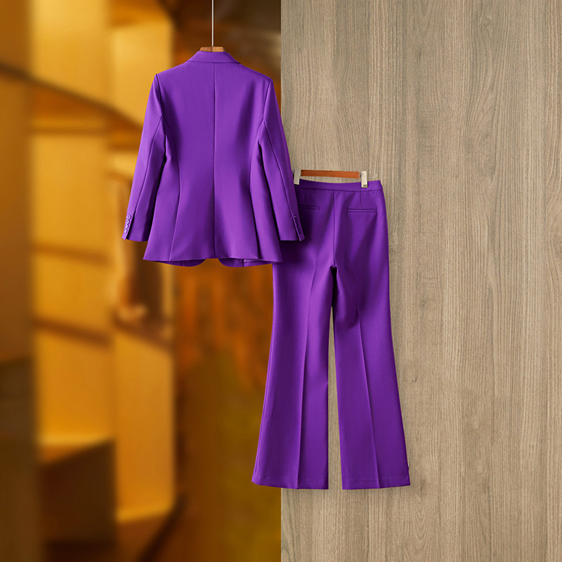 Veste de costume violette pour femmes, ensemble deux pièces, pantalon artisanal à bords perlés, ensemble deux pièces_voghion.com
