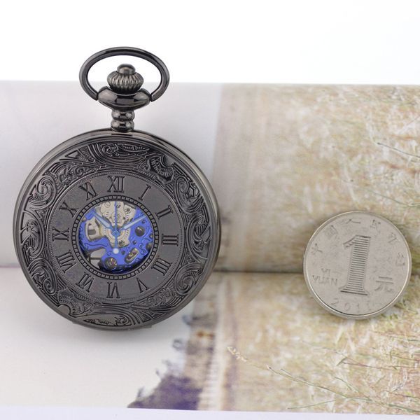 Retro Flip New Roman Blue Surface Mechanical Pocket Watch_voghion.com