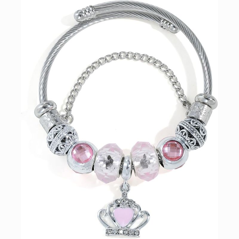 Nuovo bracciale in acciaio inossidabile Pan Family Style Series con micro perline di vetro intarsiate a forma di cuore, anello aperto fai da te_voghion.com