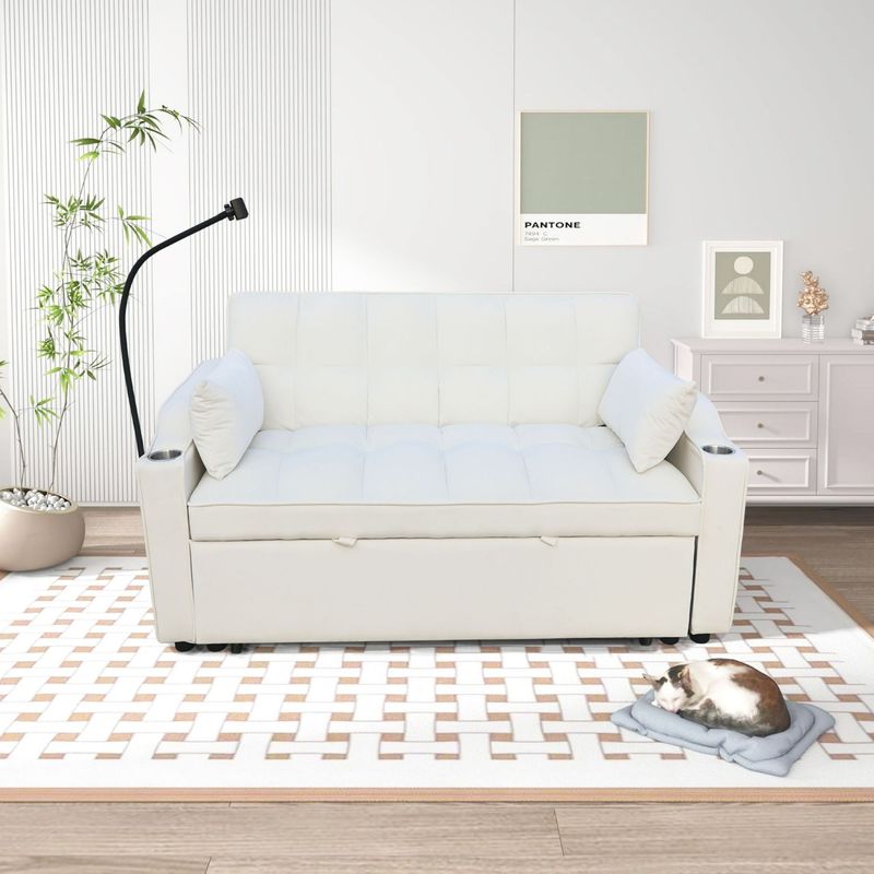 Modern Velvet Loveseat Futon Sofa Couch W/Pullout Bed,Small Love Seat Lounge Sofa With Adjustable Reclining Backrest,Toss Pillows, Pockets,Furniture For Living Room,3 In 1 Convertible Sleeper Sofa Bed_voghion.com