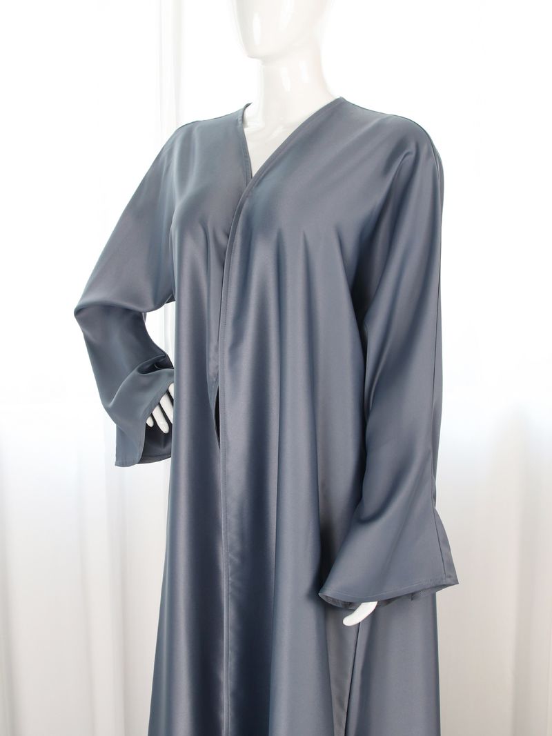 Elegantes, schlichtes muslimisches Abaya-Kleid mit Satin-Finish – langärmliger, fließender Übermantel für Frauen, atmungsaktives Polyester, verstellbare Taillenbindung_voghion.com