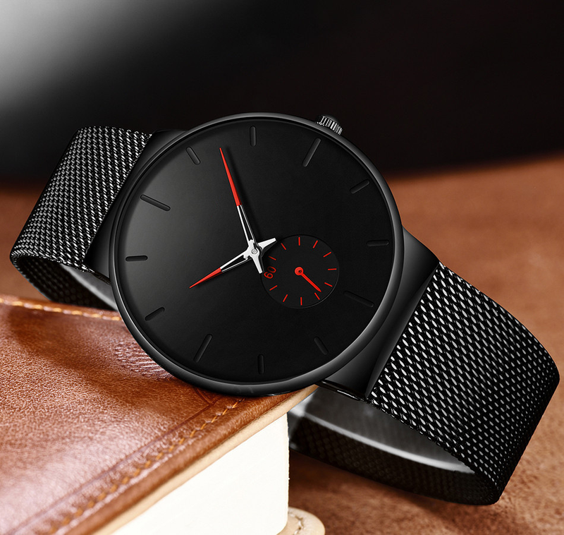 Orologio da uomo minimalista di vendita caldo con cinturino a maglie in lega di maglia a due temperamenti alla moda blu rosso_voghion.com