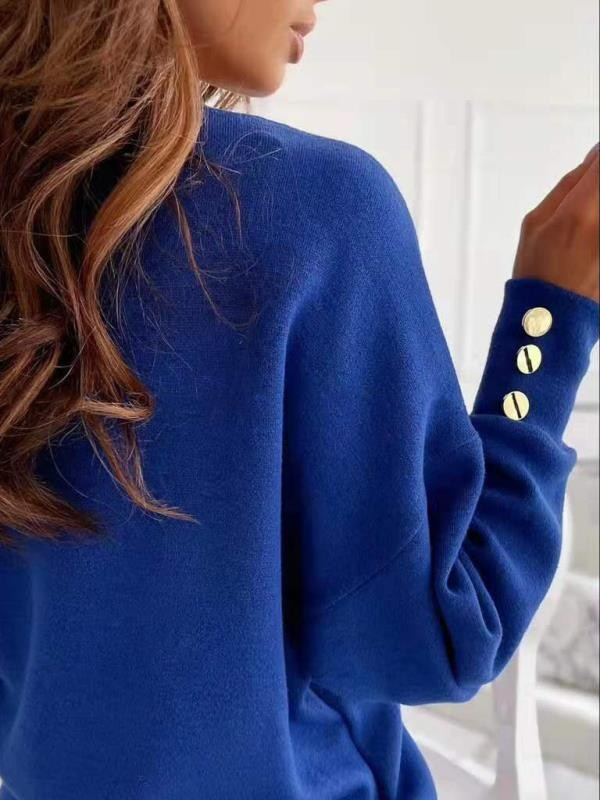 Women's Cuff Button Decorated V-neck Sweater_voghion.com