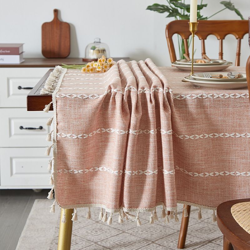 Nappe à pompons rustique marron - Housse de table rectangulaire en lin et coton mélangés de style ferme pour salle à manger/table basse_voghion.com
