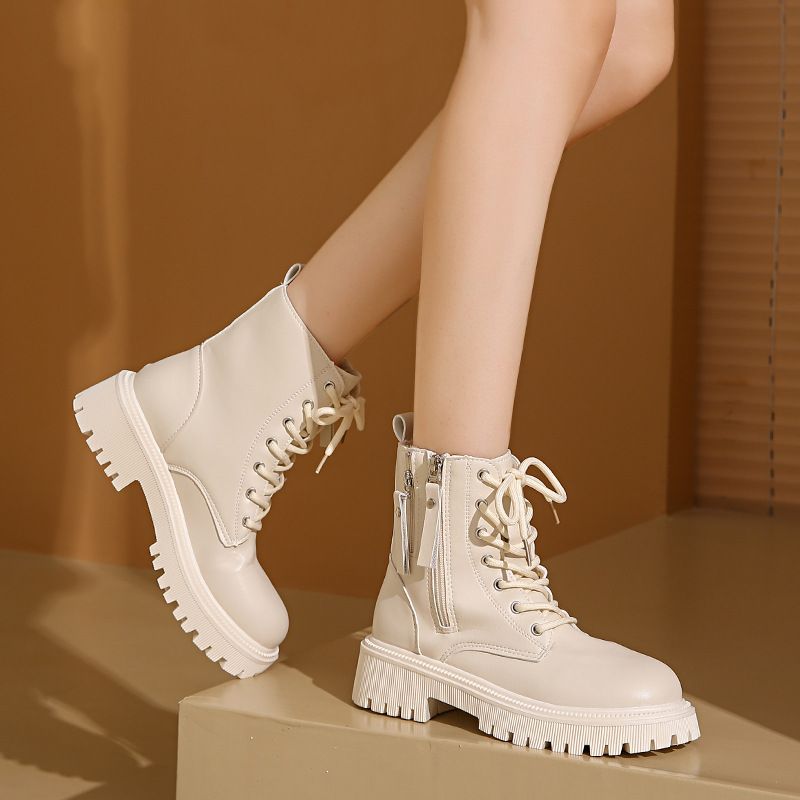 Vendita calda scarpe da donna con lacci autunno punta rotonda piattaforma solida impermeabile barile corto grande taglia nudo_voghion.com