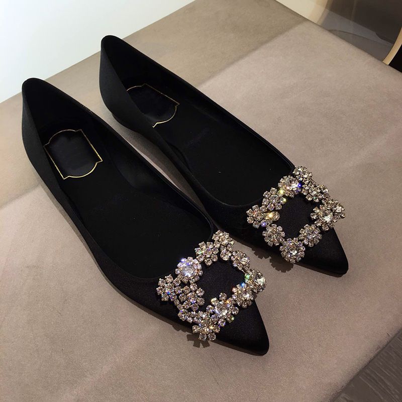 Women's Single 2022 Autumn New Trend Pointed Toe Satin Black Versatile Boat With Snowflake Square Buckle And Rhinestones_voghion.com