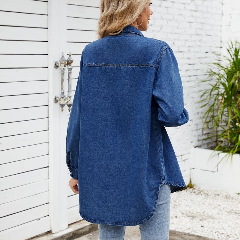 Vintage Wash Denim Shirt For Women – Distressed Loose Fit Long Sleeve Button-Up Top With Snap Buttons (Light Blue & Dark Blue)_voghion.com