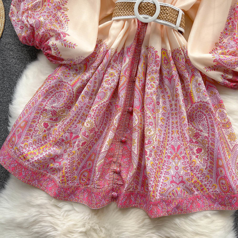 Damen-Retro-Urlaubsstil, V-Ausschnitt, Laternenärmel, Taille, mittellanges, bedrucktes, zierliches Kleid_voghion.com