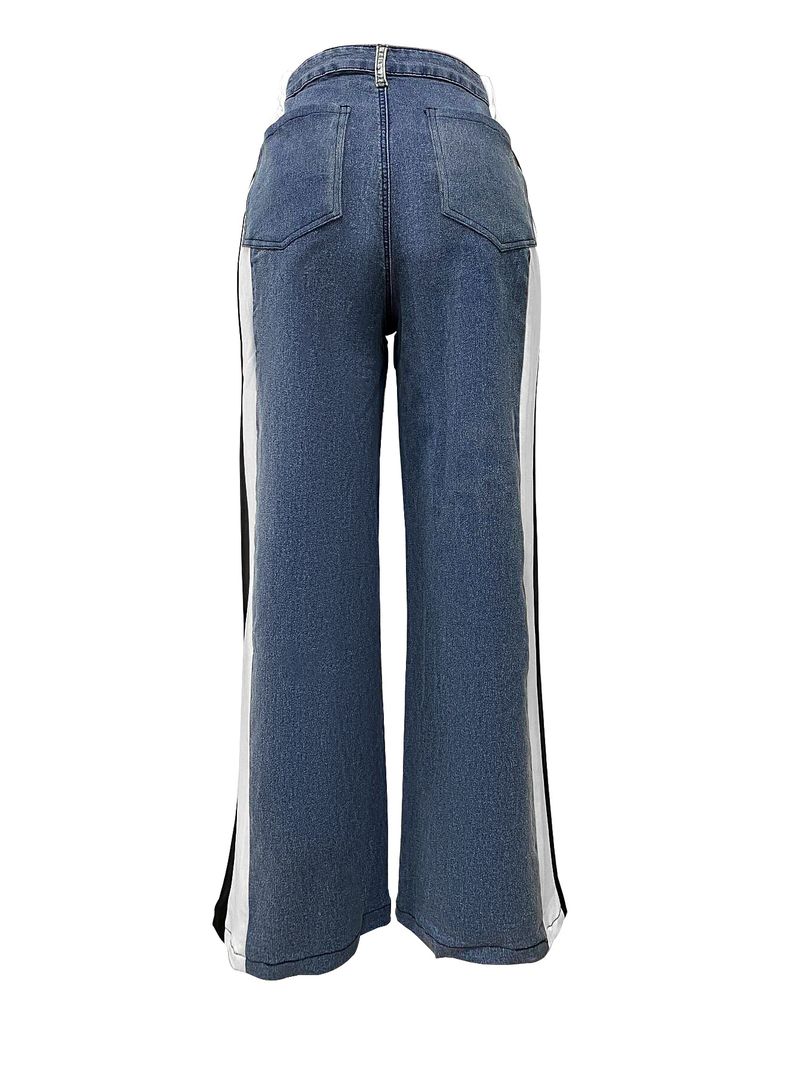 Women's Clothing Street Fashion Splicing Leopard Print Straight Washed Denim Trousers_voghion.com