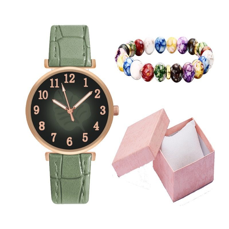 Women's Watches Fashion Digital Face Leather Quartz Watch Women Popular Simple Casual Leaf Pattern Wrist Watch + Bracelet Set_voghion.com